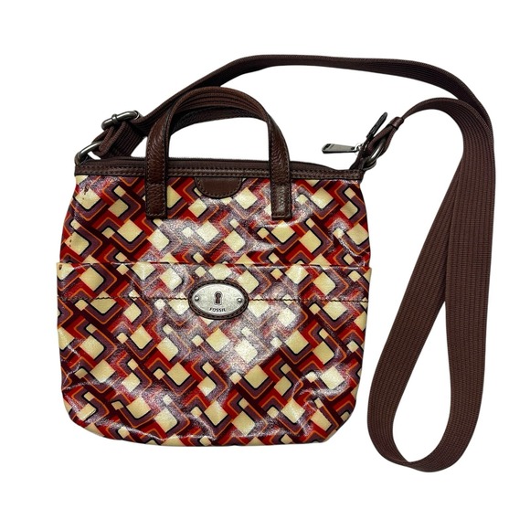 Fossil Key Per Large Tote Bag Geometric Check Handbag Carry Coated‎ Canvas Purse - Picture 1 of 14